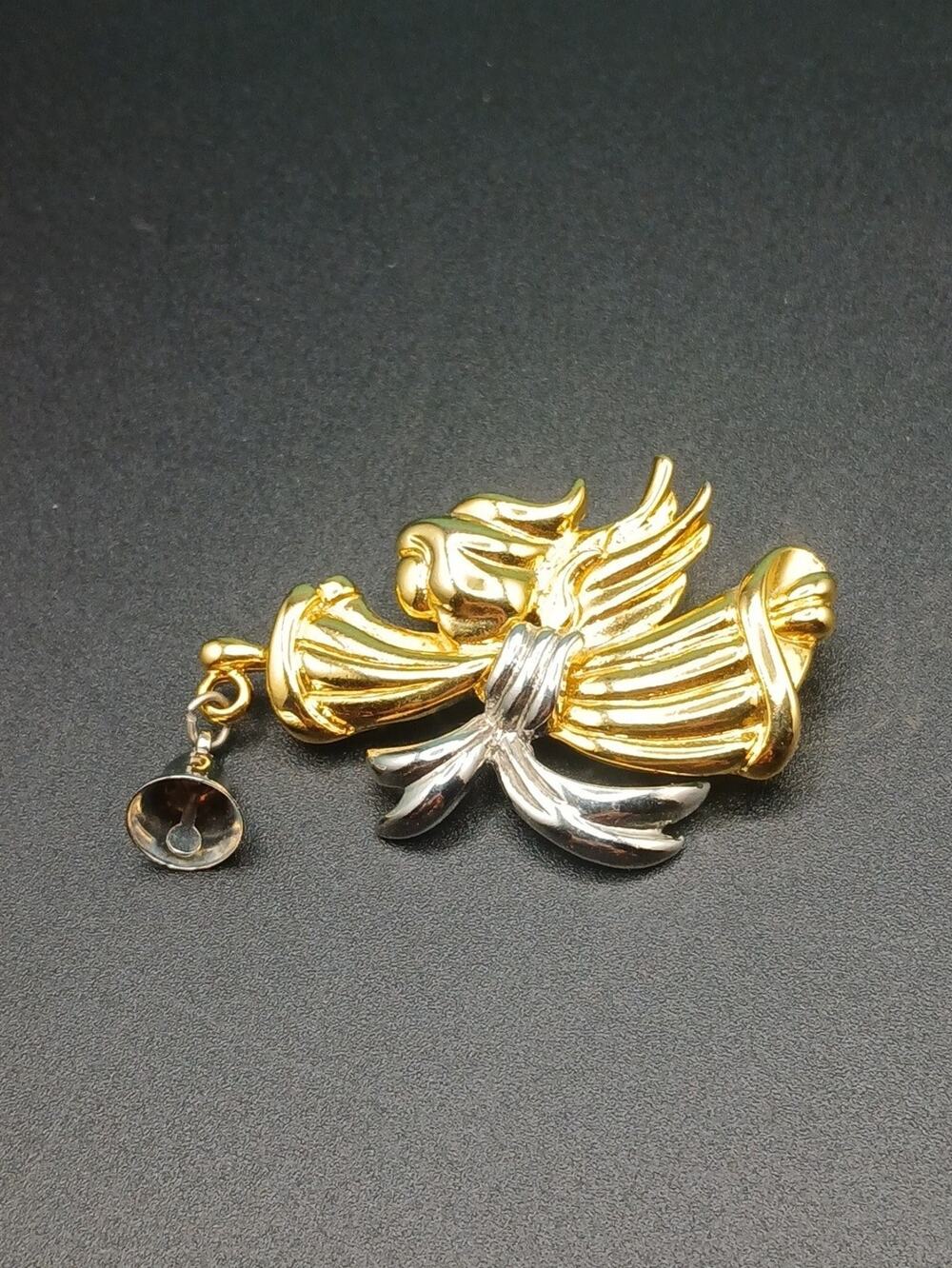 Vintage Tora Signed Christmas Angel Brooch Pin with Dangling Silver Bell